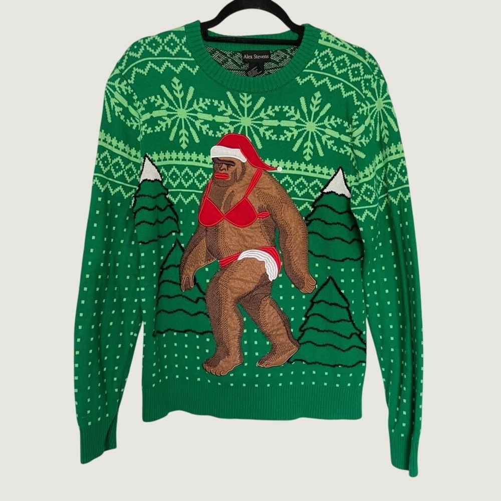 Alex Stevens Bigfoot Christmas Sweater Green Ugly Christmas Sasquatch Size Small